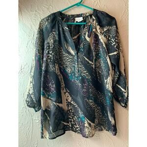 Jaclyn Smith Women's Blouse Top Tunic Black Sheer Boho‎ Peasant Popover Small
